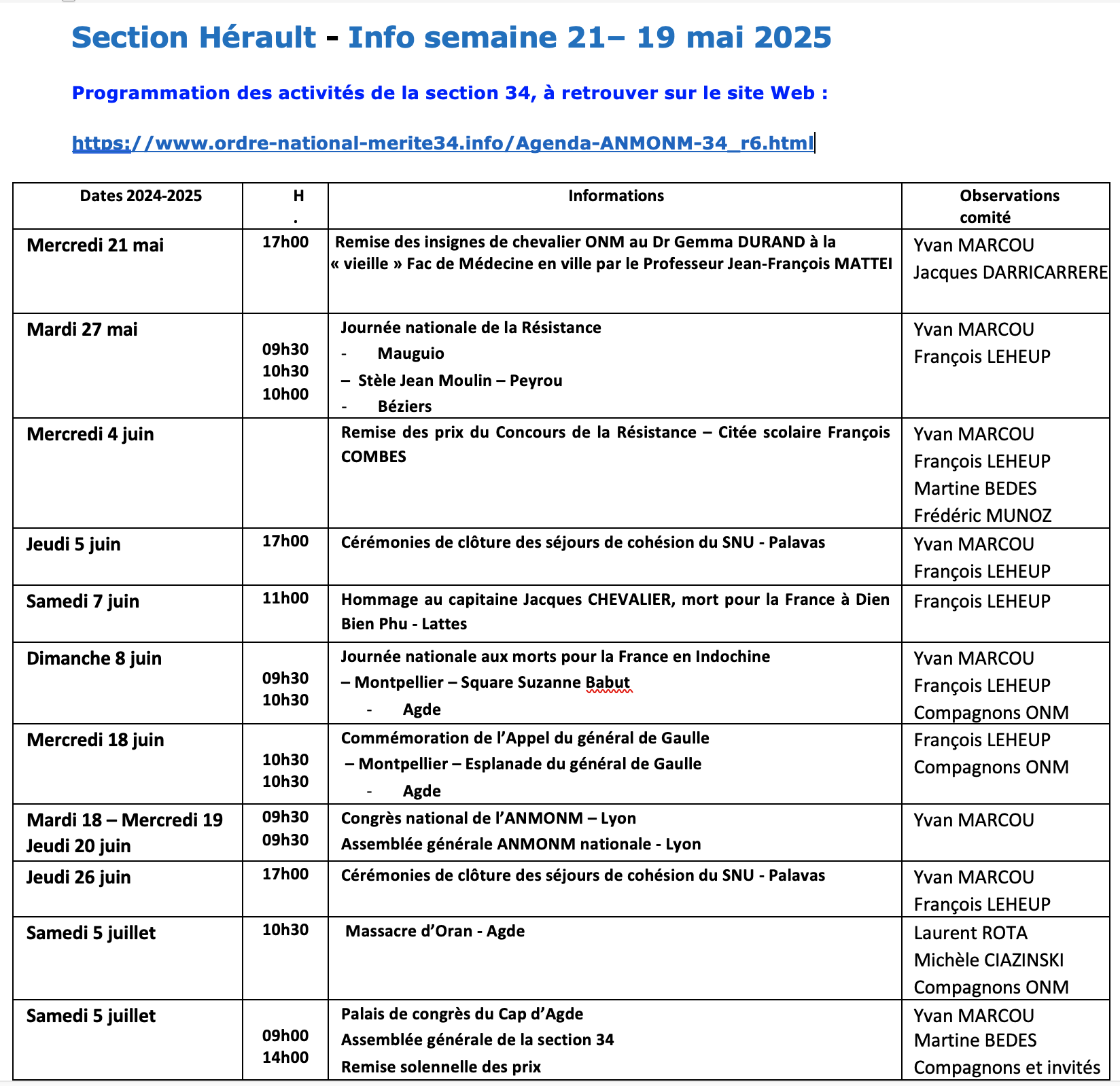ANMONM 34 - Info semaine 21 - 2025