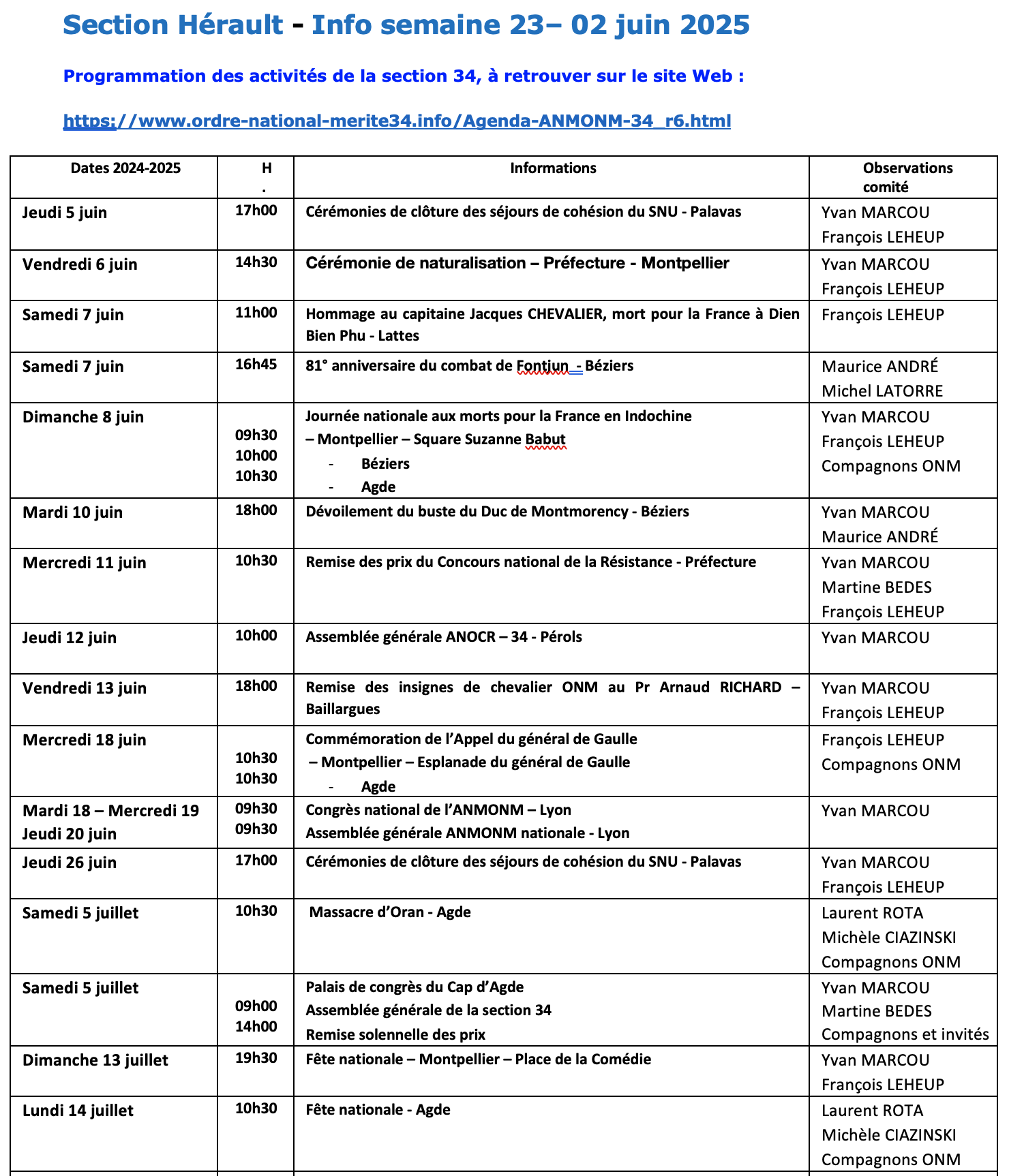 ANMONM 34 - Info semaine 23 - 2025