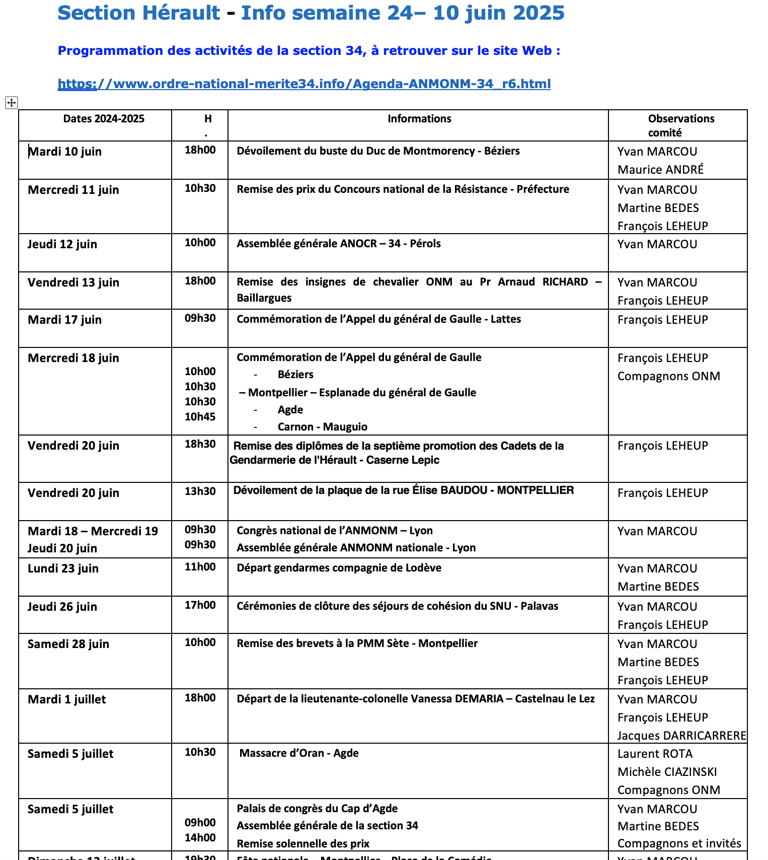 ANMONM 34 - Info semaine 24 - 2025