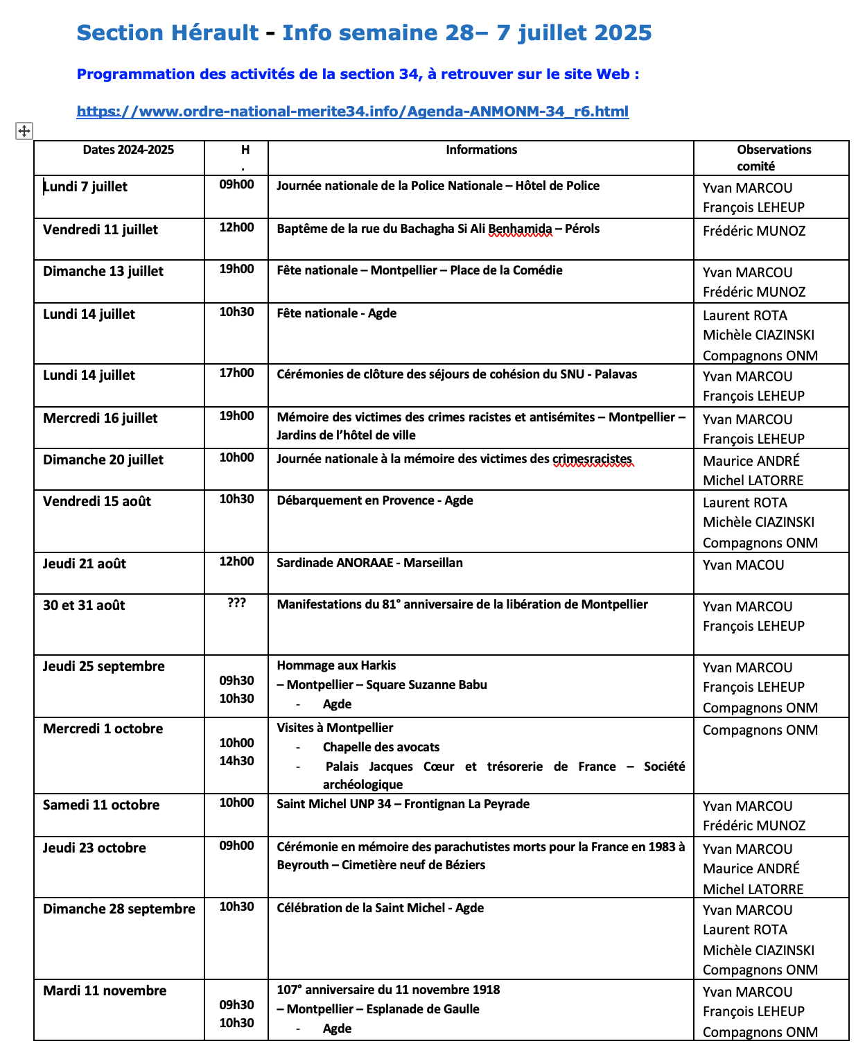 ANMONM 34 - info semaine 28 - 2025
