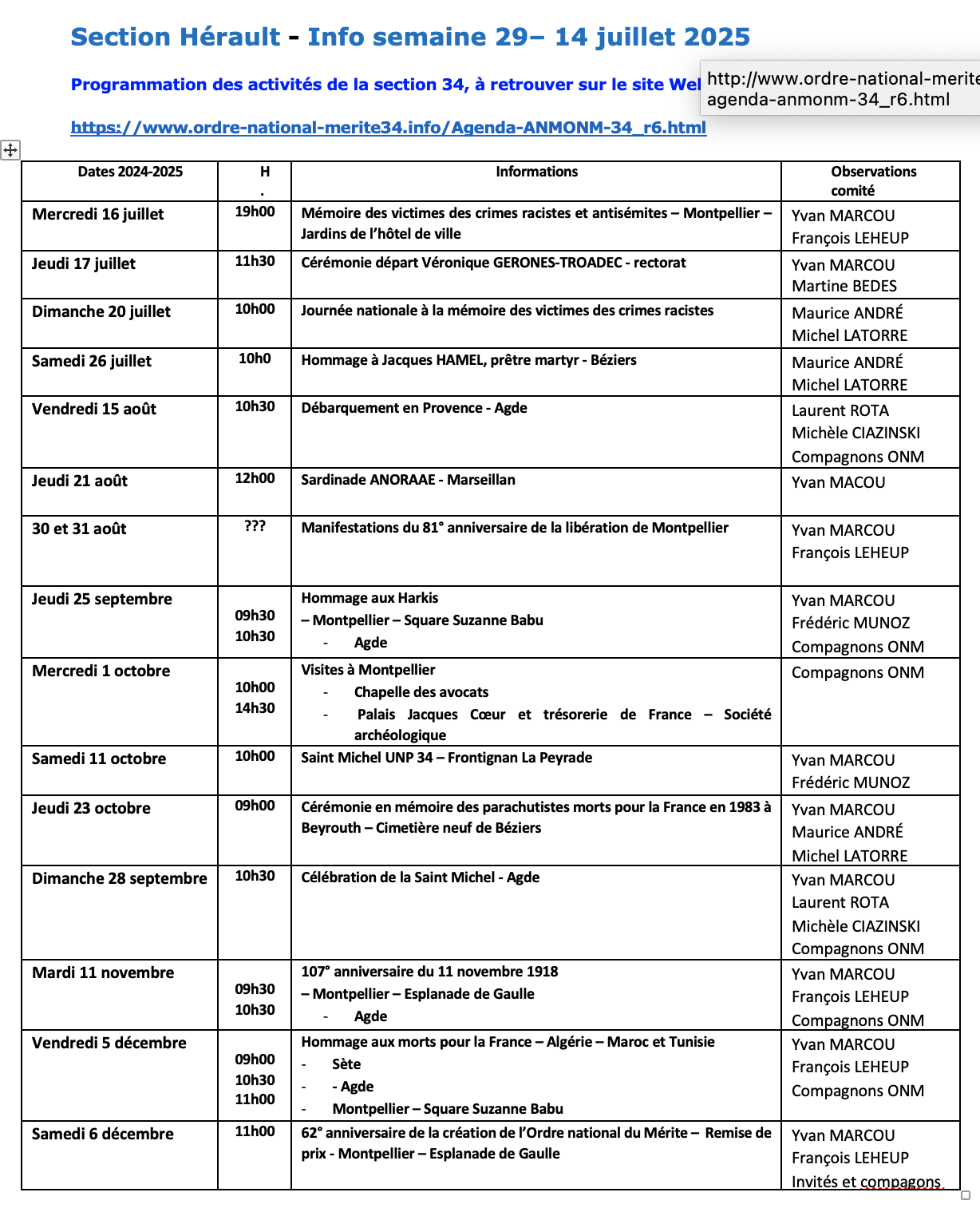 ANMONM 34 - Info semaine 29 - 2025
