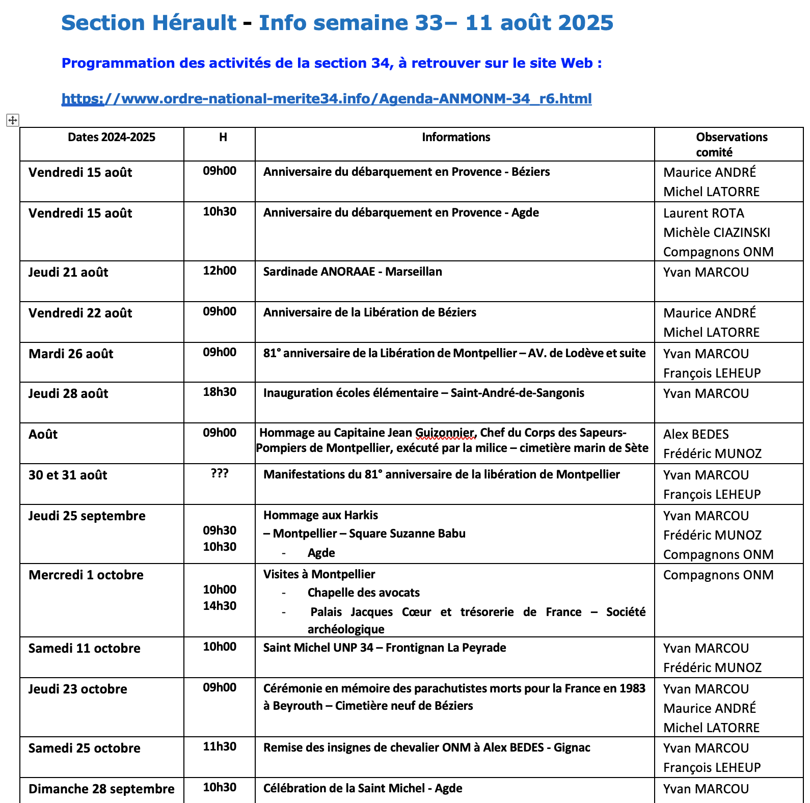 ANMONM 34 - Info semaine 33 - 2025