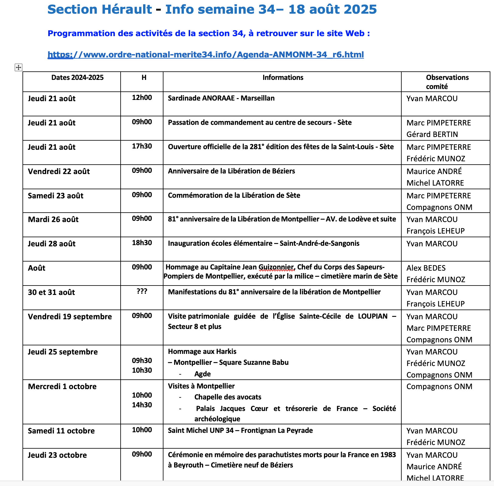 ANMONM 34 - Info semaine 34 - 2025