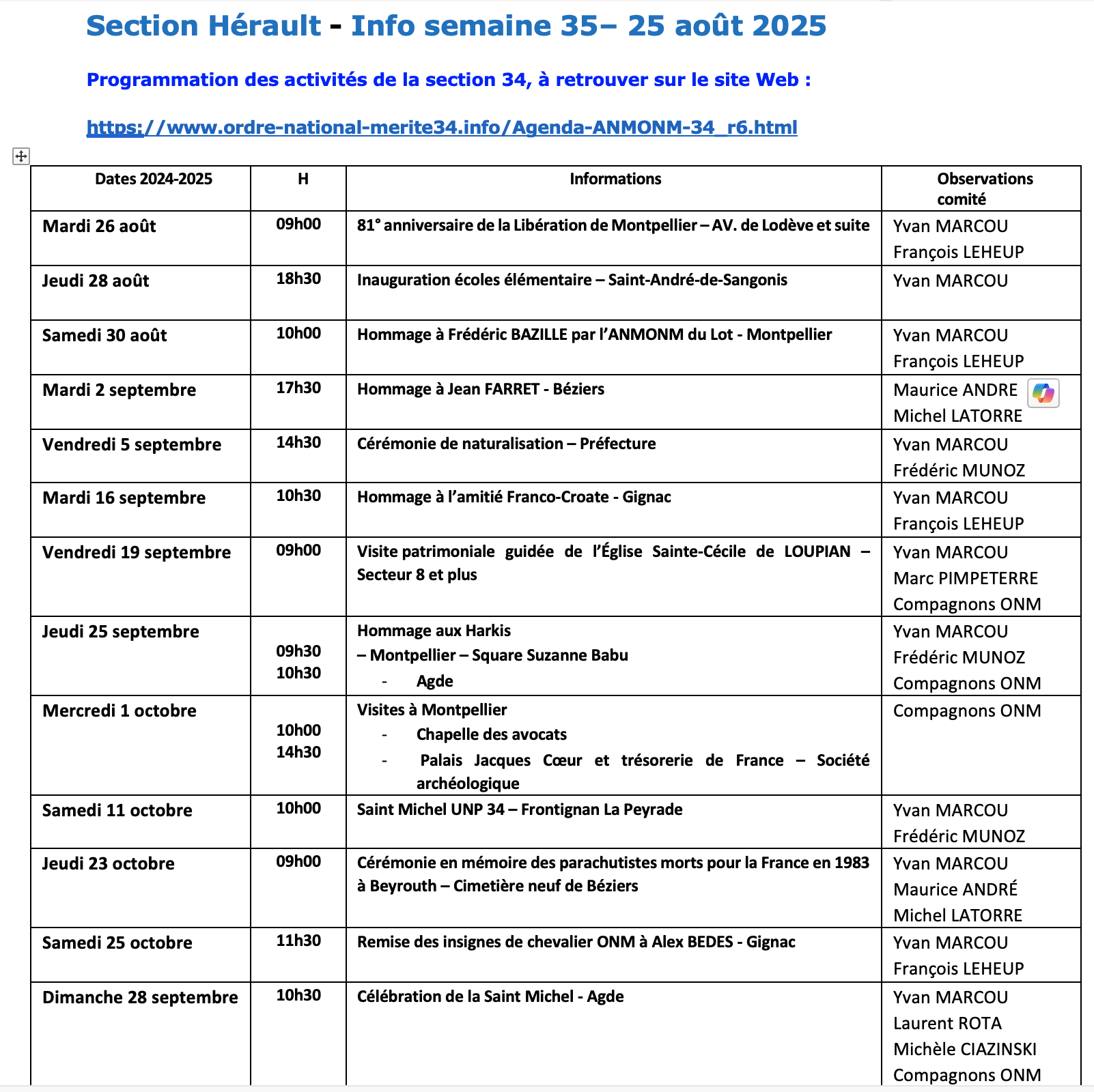 ANMONM 34 - Info semaine 35 - 2025