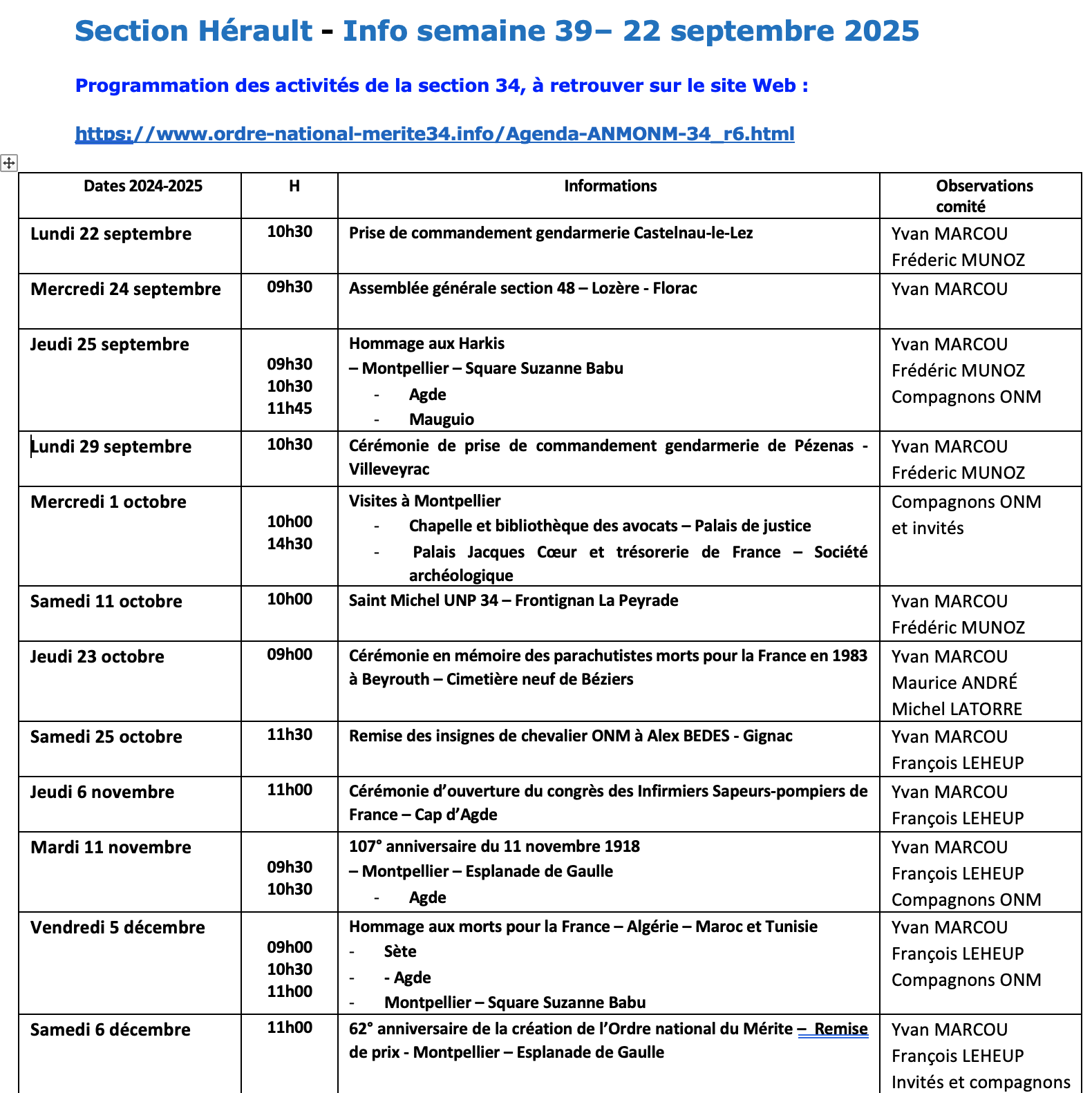 ANMONM 34 - Info semaine 39 - 2025
