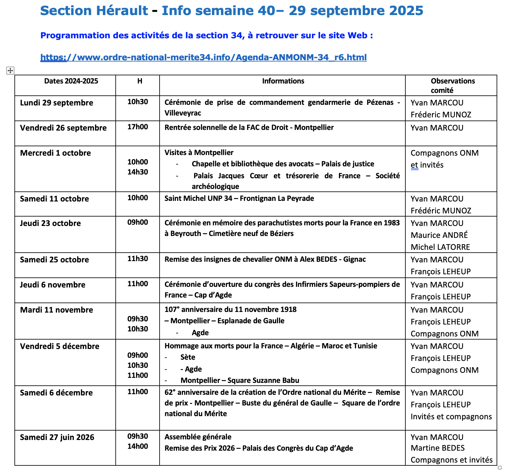 ANMONM 34 - Info semaine 40 - 2025
