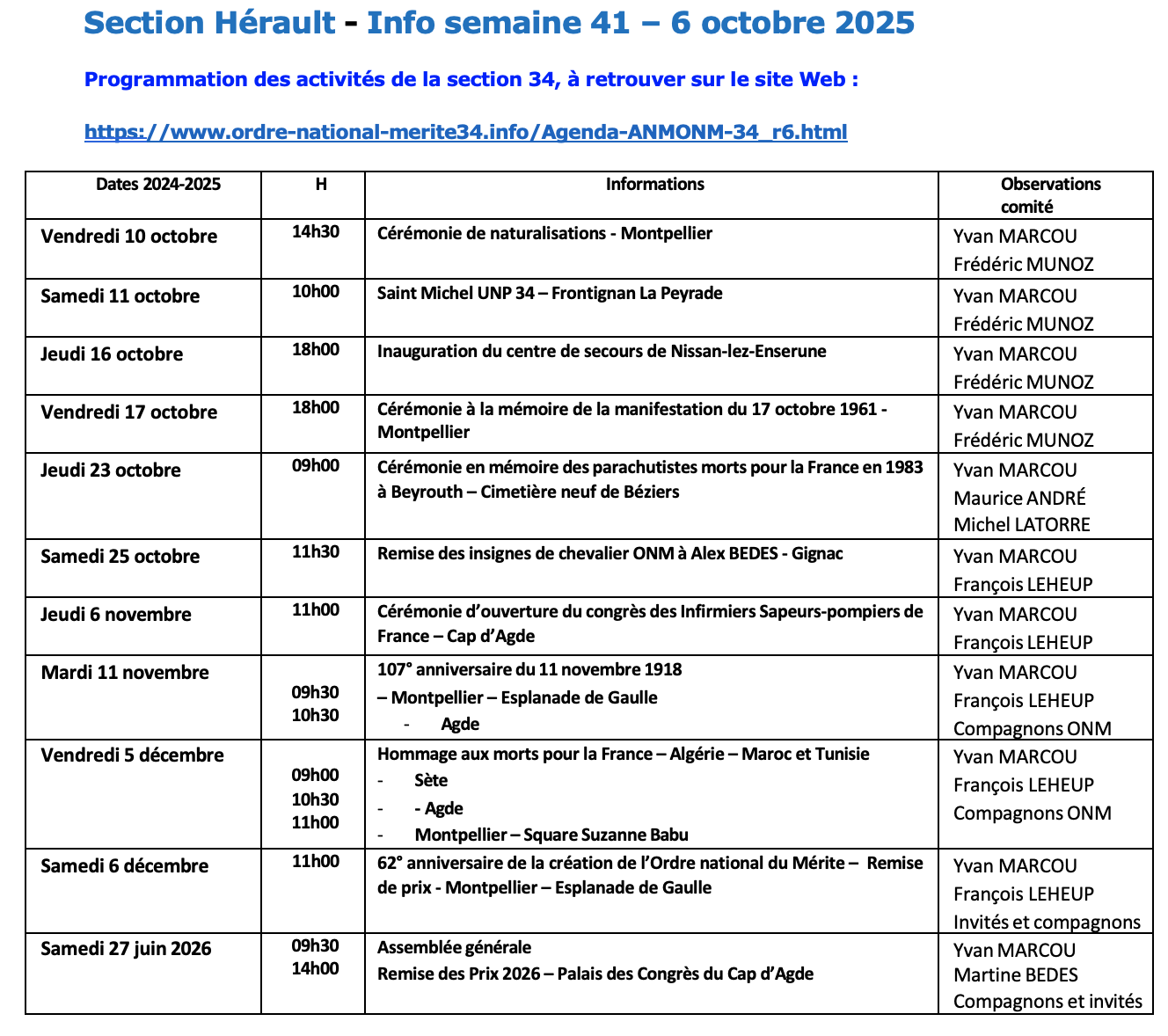 ANMONM 34 - Info semaine 41 - 2025