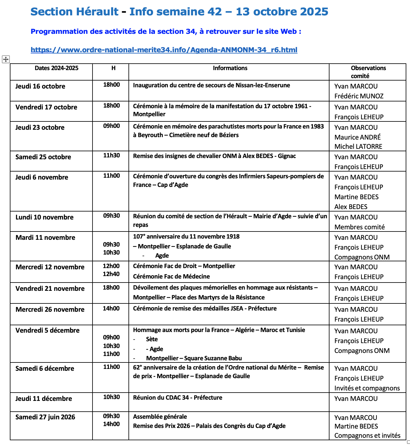 ANMONM 34 - Info semaine 42 - 2025