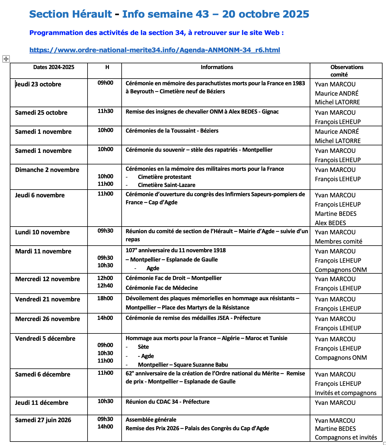 ANMONM 34 - Info semaine 43 - 2025