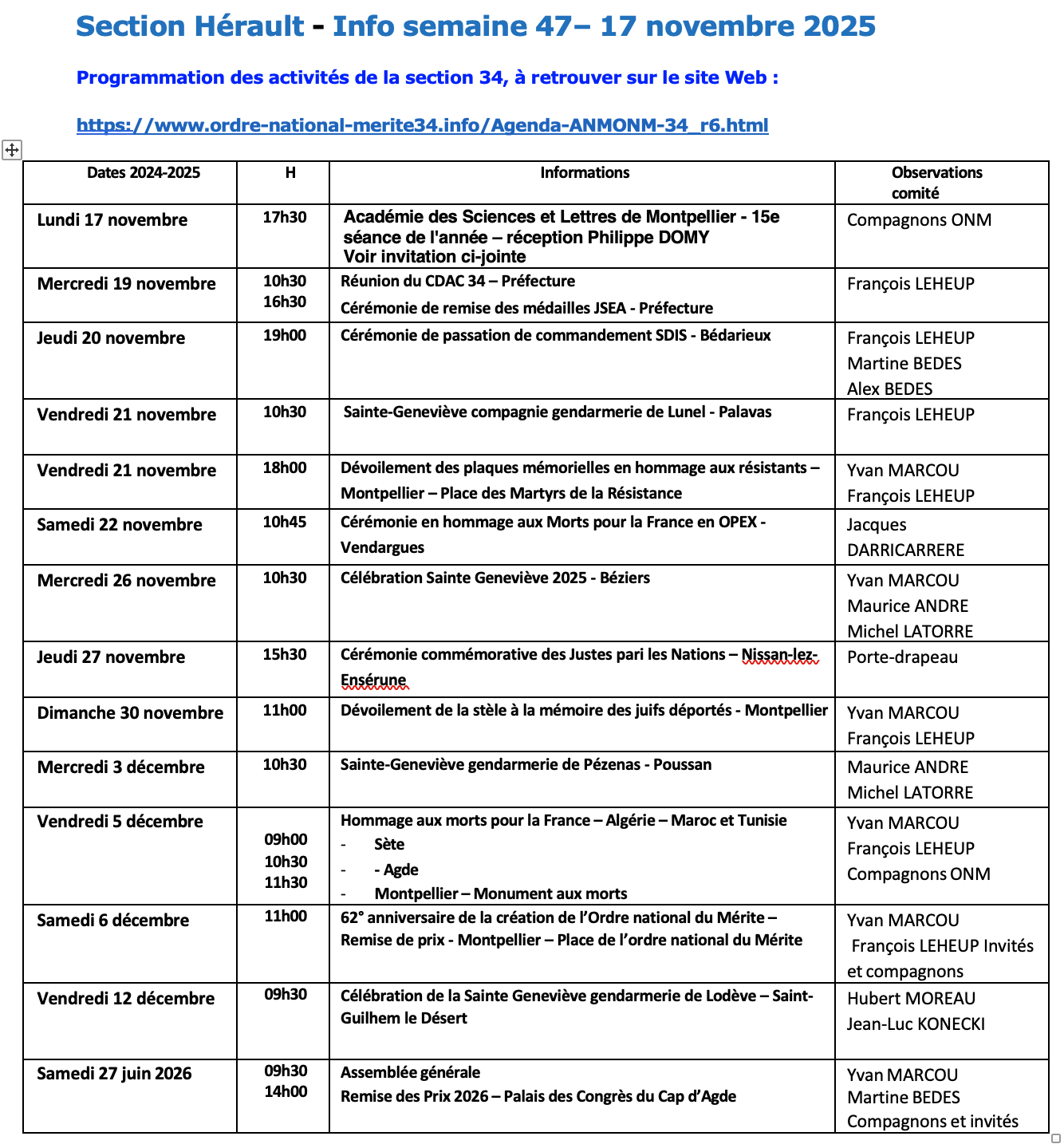 ANMONM 34 - Info semaine 47 - 2025