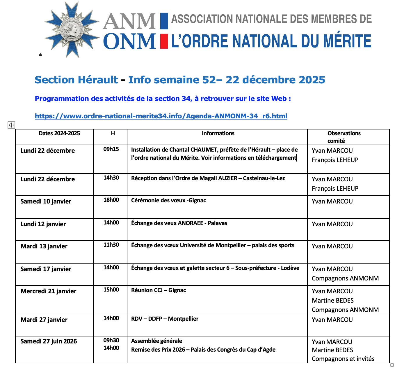 ANMONM 34 - Info semaine 52 - 2025