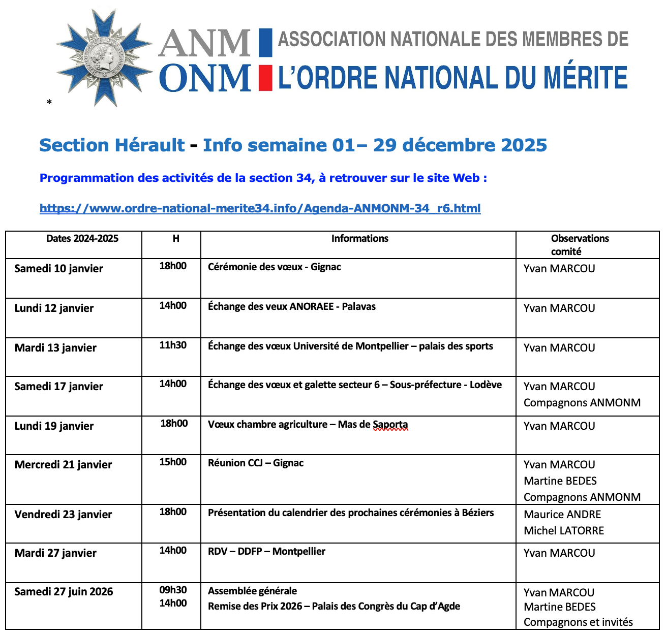 ANMONM 34 - Info semaine 01 - 2026