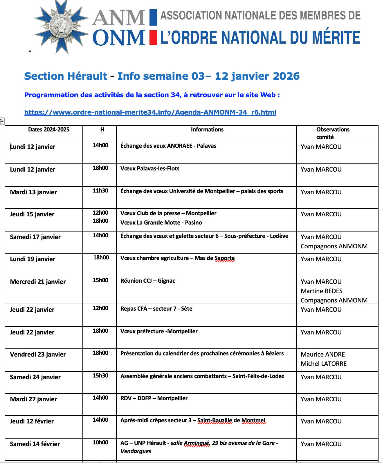 ANMONM 34 - Info semaine 03 - 2026