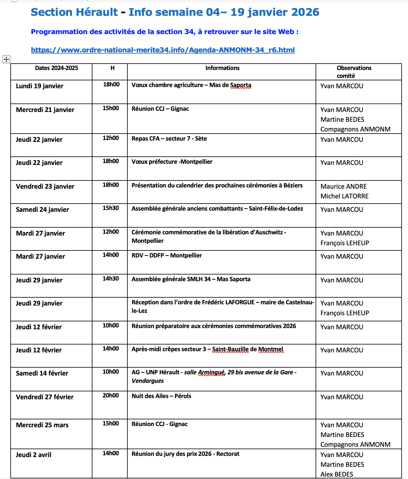 ANMONM 34 - Info semaine 04 - 2026