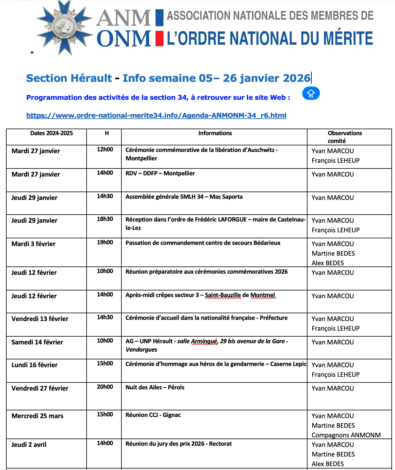 ANMONM 34 - Info semaine 05 - 2026