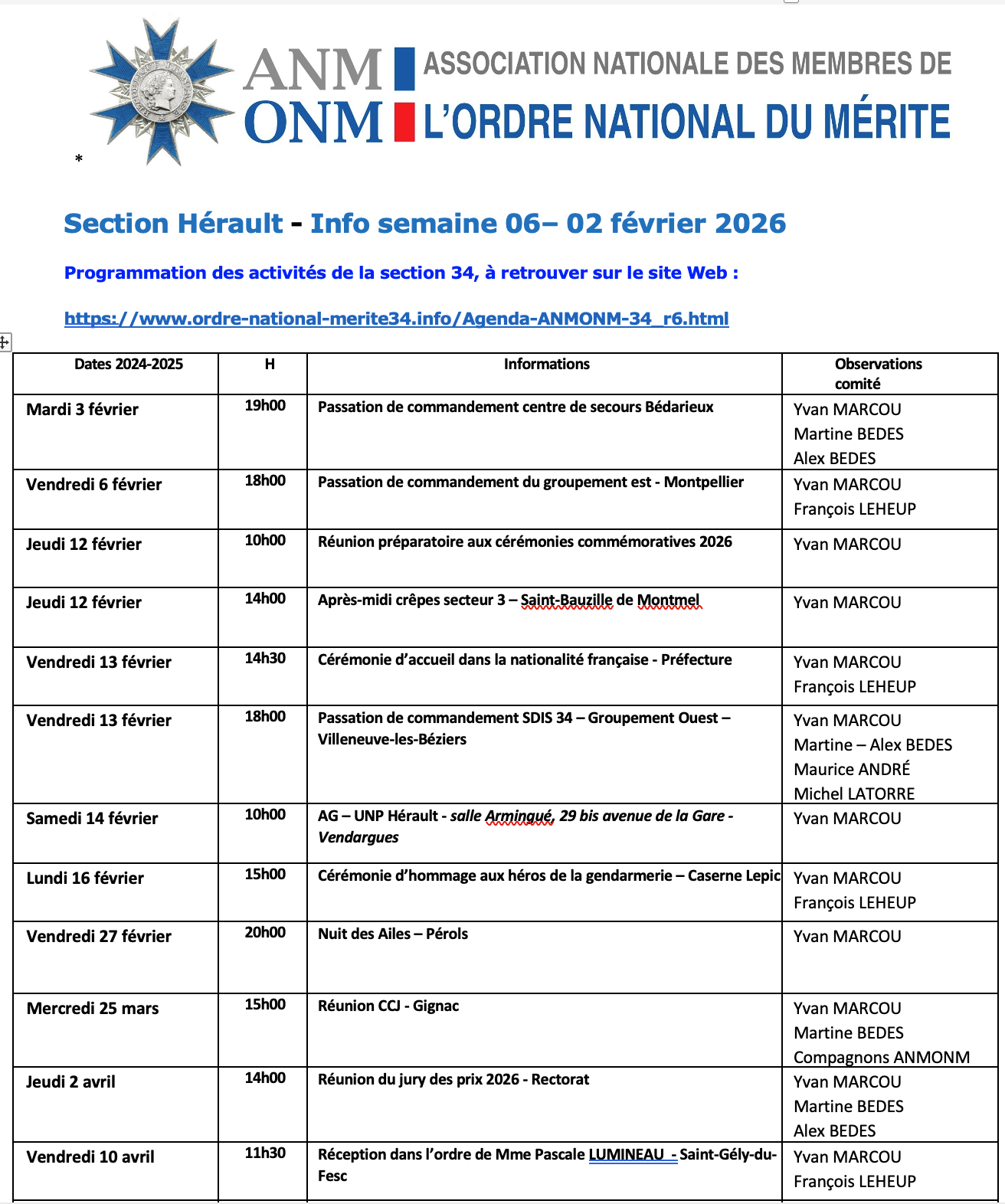 ANMONM 34 - info semaine 06 - 2026