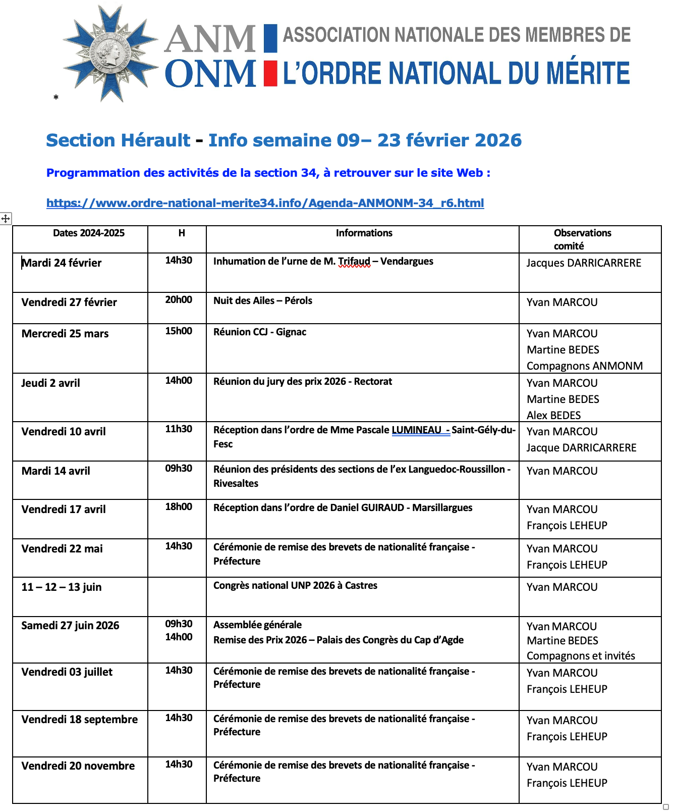 ANMONM 34 - Info semaine 09 - 2026