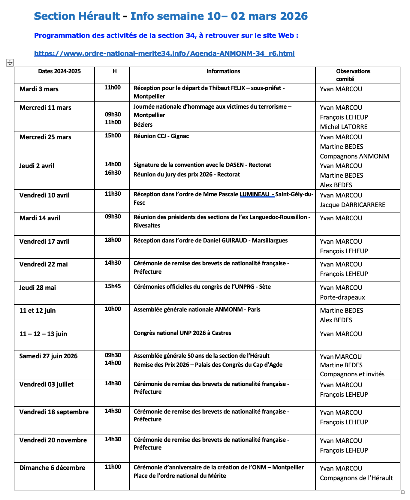 ANMONM 34 - Info semaine 10 - 2026