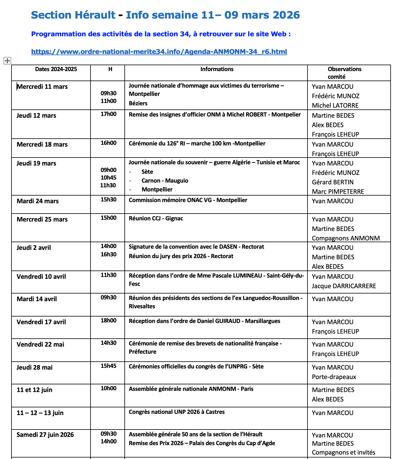 ANMONM 34 - Info semaine 11 - 2026