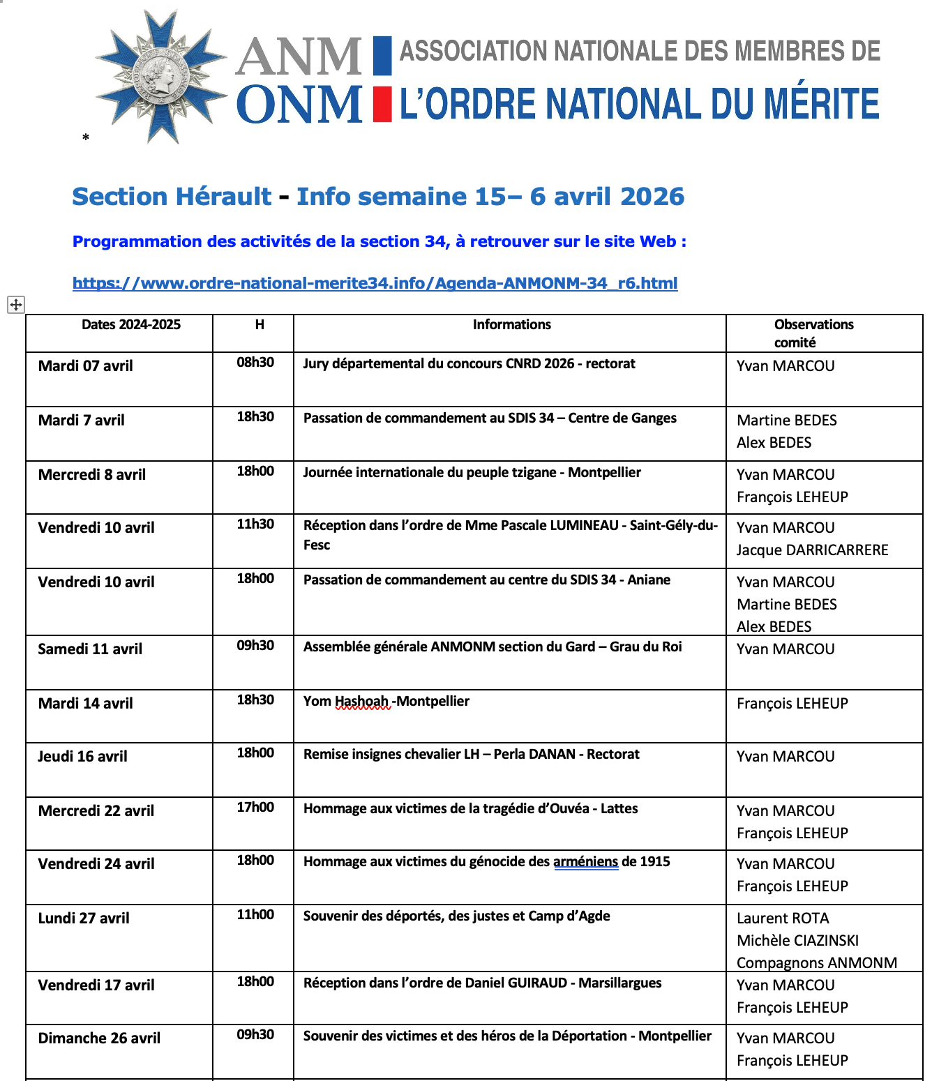 ANMONM 34 - Info semaine 15 - 2026