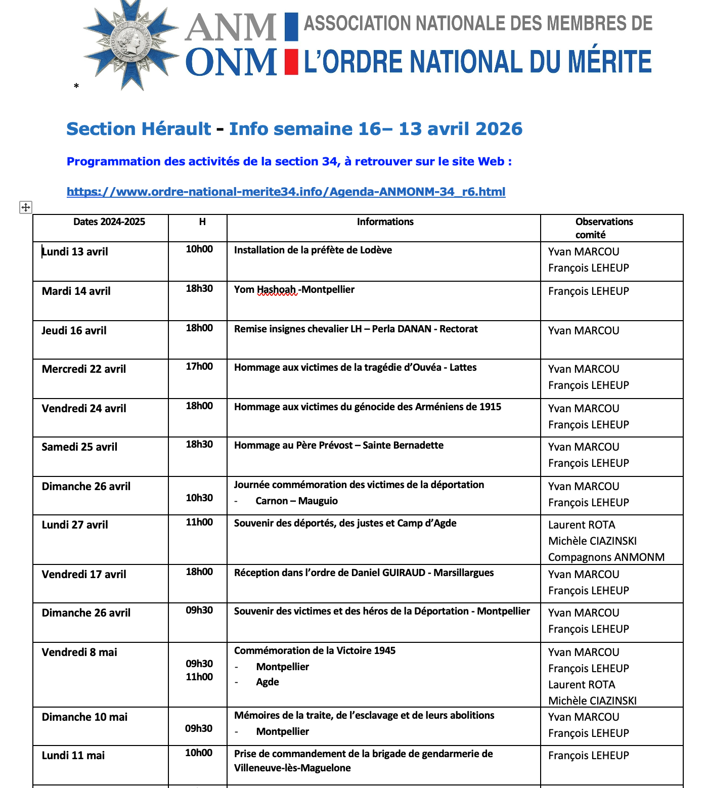ANMONM 34 - Info semaine 16 - 2026