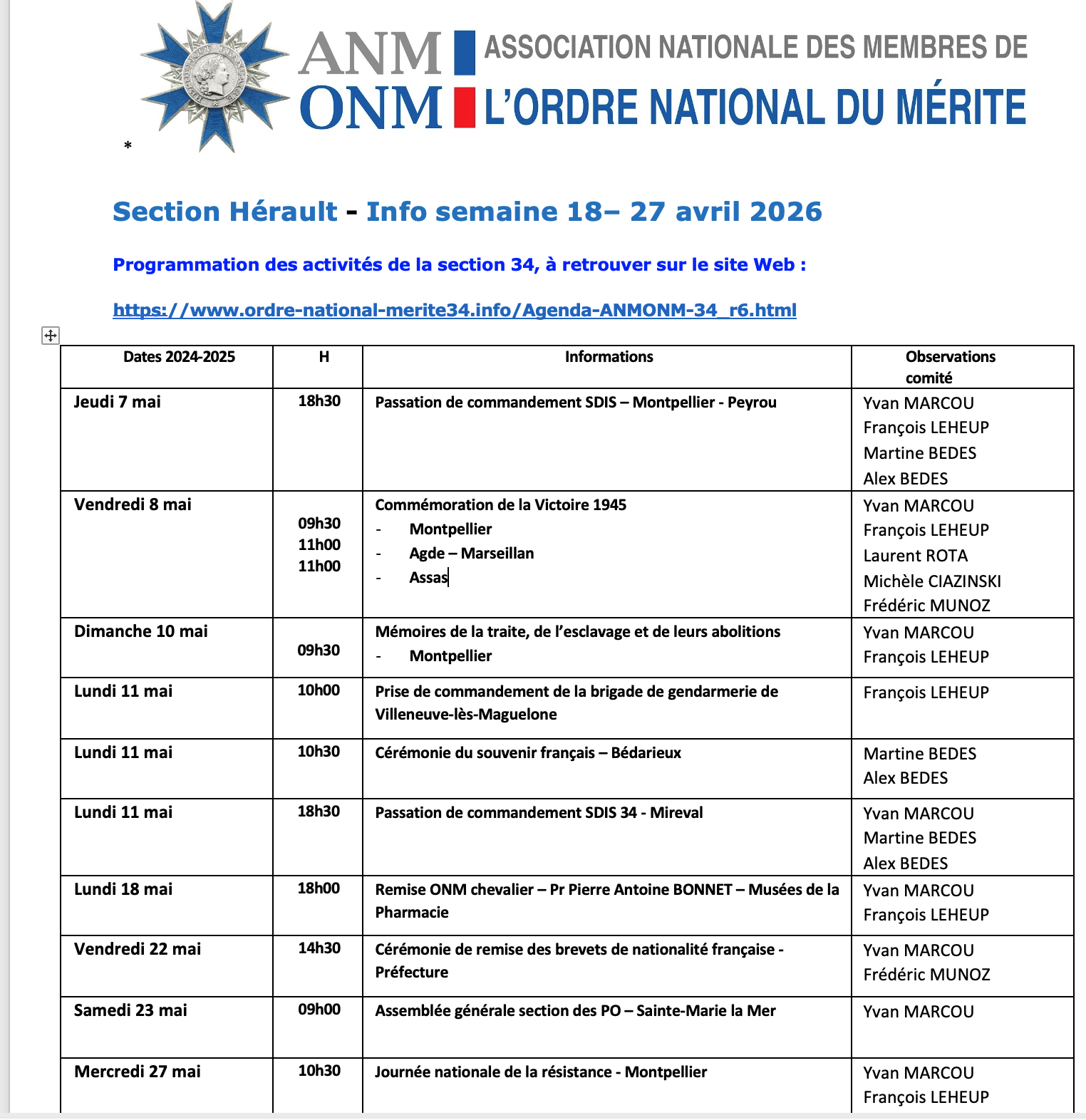 ANMONM 34 - info semaine 18 - 2026