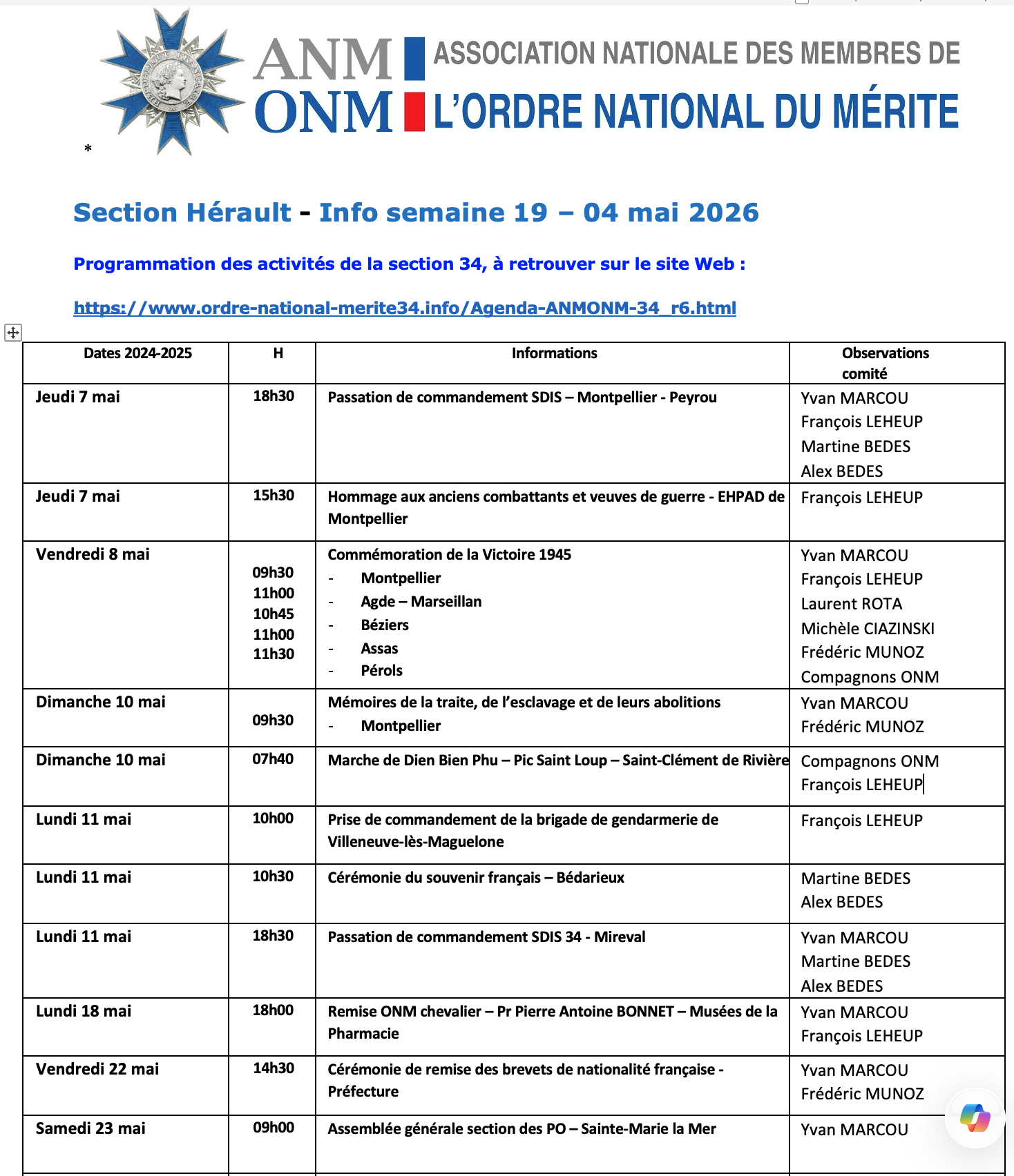 ANMONM 34 - info semaine 19 - 2026