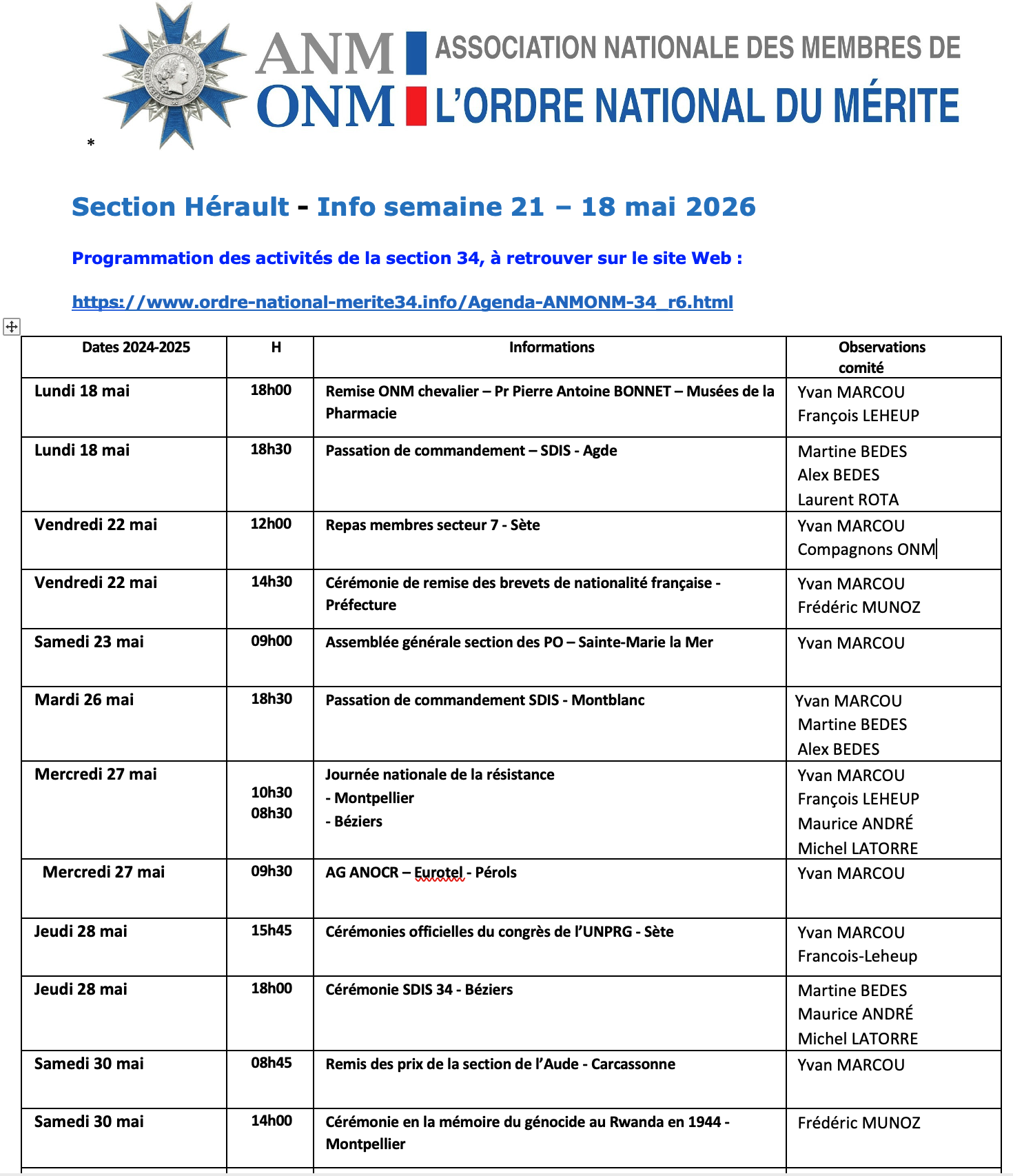 ANMONM 34 - info semaine 21 - 2026