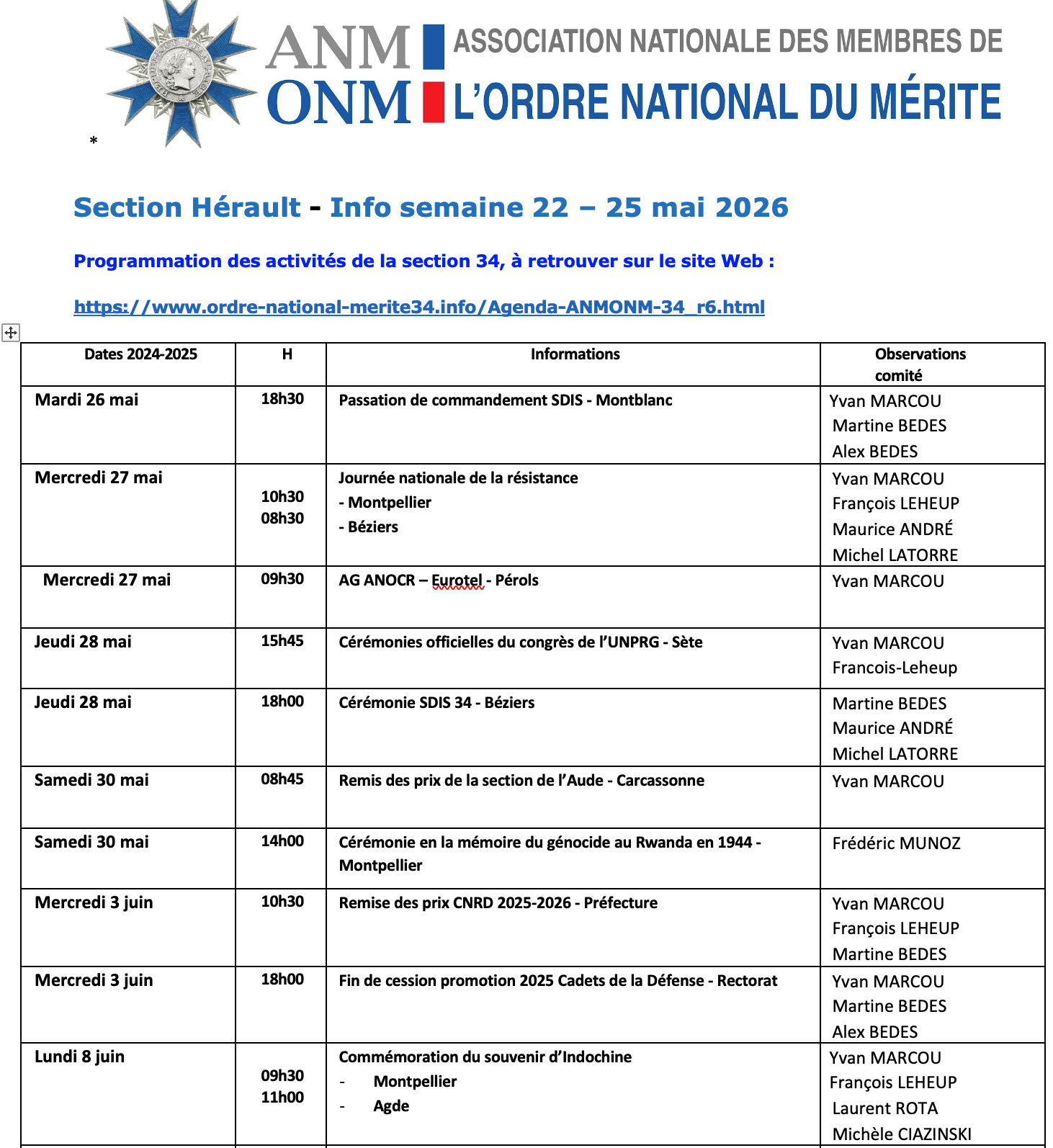 ANMONM 34 - info semaine 22 - 2026
