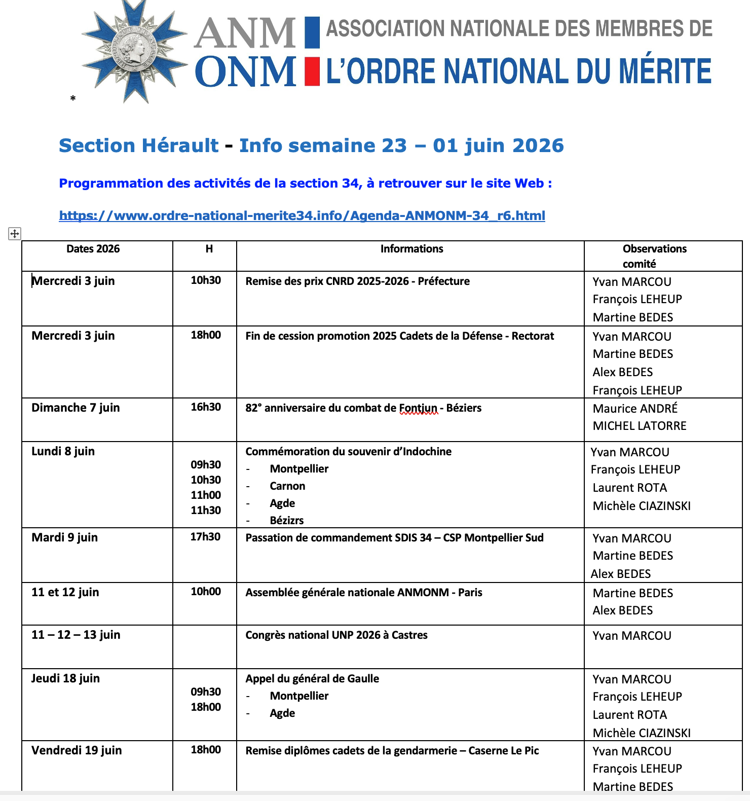 ANMONM 34 - info semaine 23 - 2026