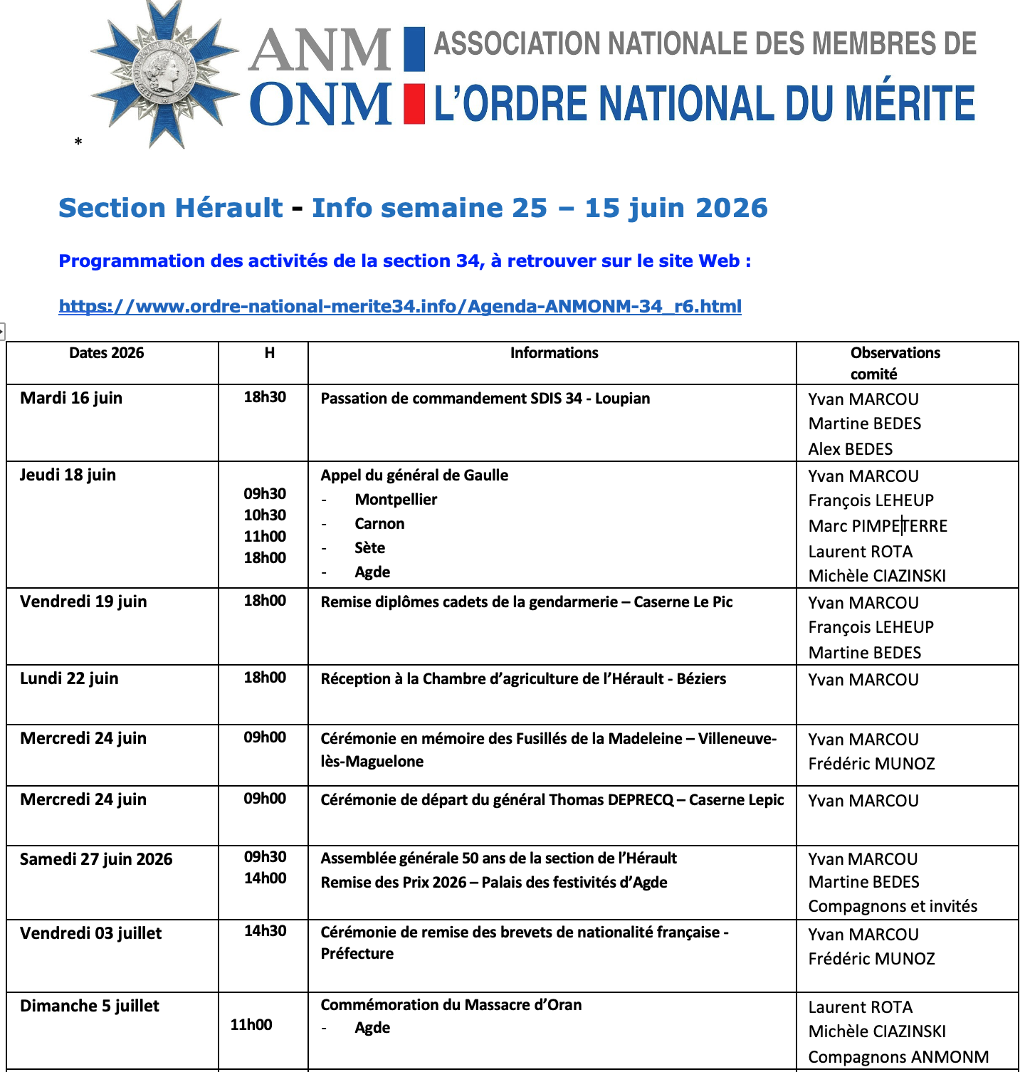 ANMONM 34 - info semaine 25 - 2026