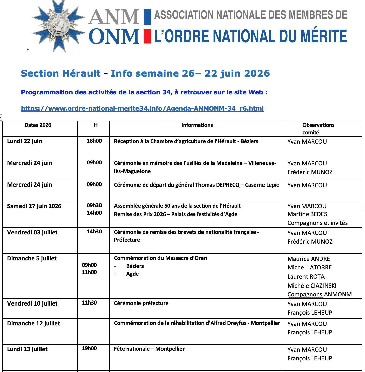 ANMONM 34 - info semaine 26 - 2026