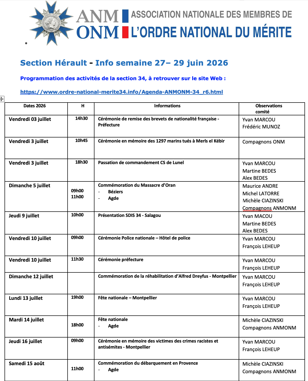 ANMONM 34 - Info semaine 27 - 2026