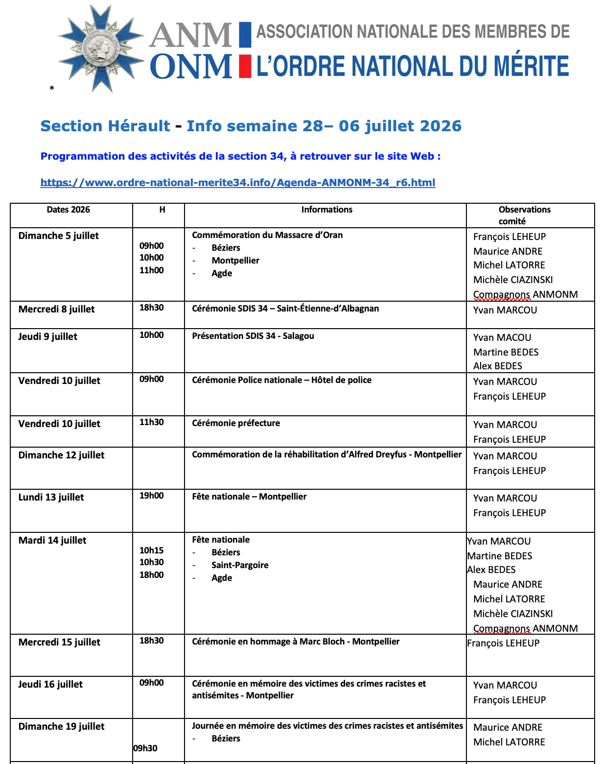 ANMONM 34 - Info semaine 28 - 2026