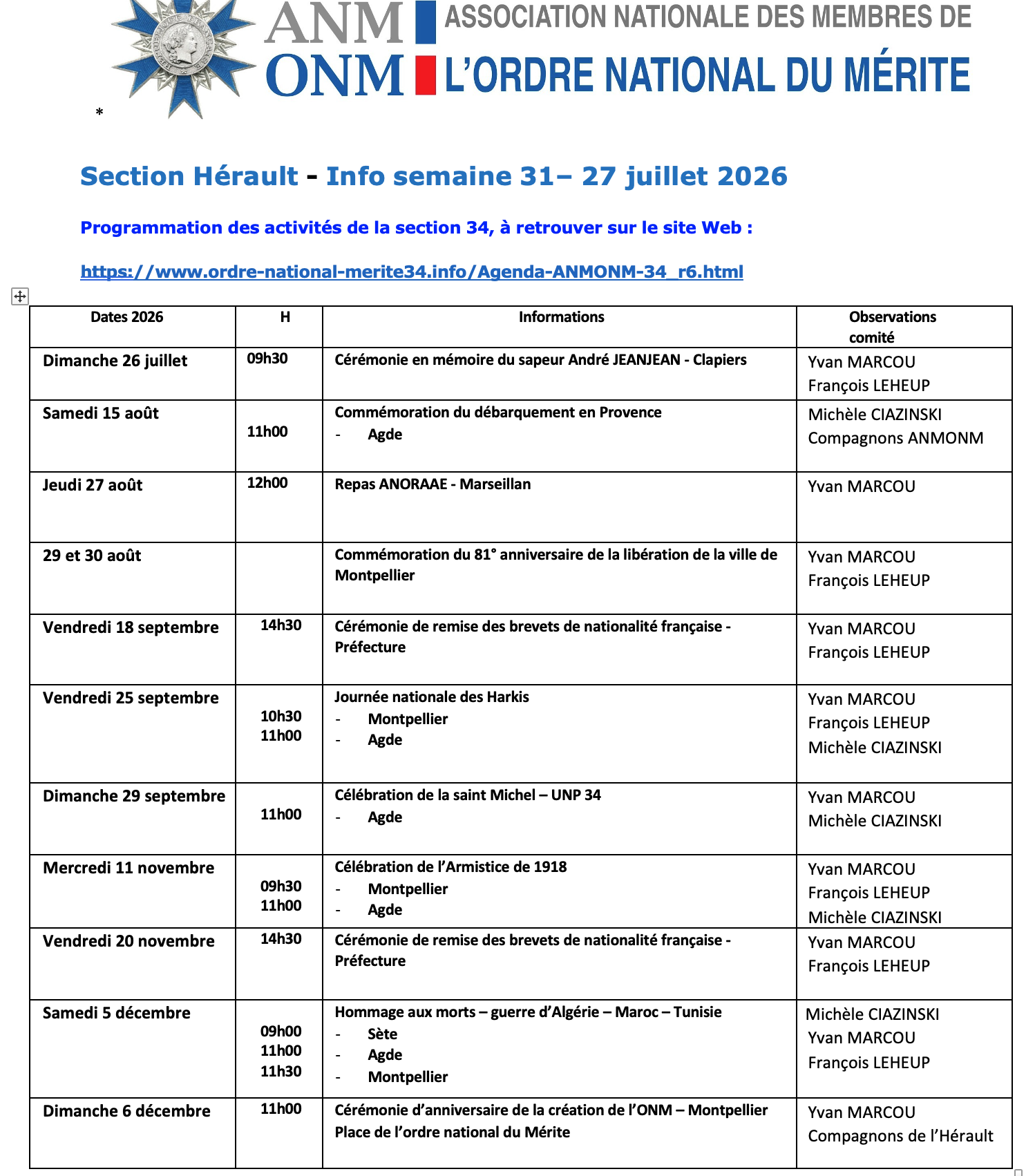 ANMONM 34 - info semaine 31 - 2026