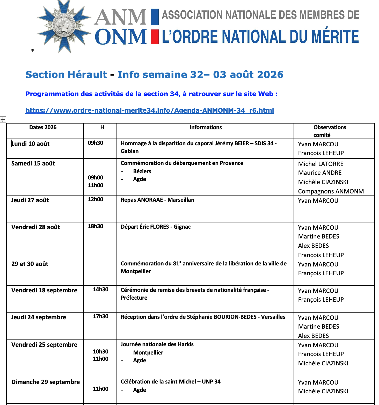 ANMONM 34 - info semaine 32 - 2026