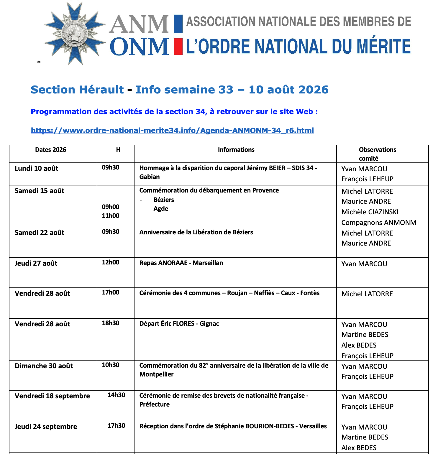 ANMONM 34 - Info semaine 33 - 2026