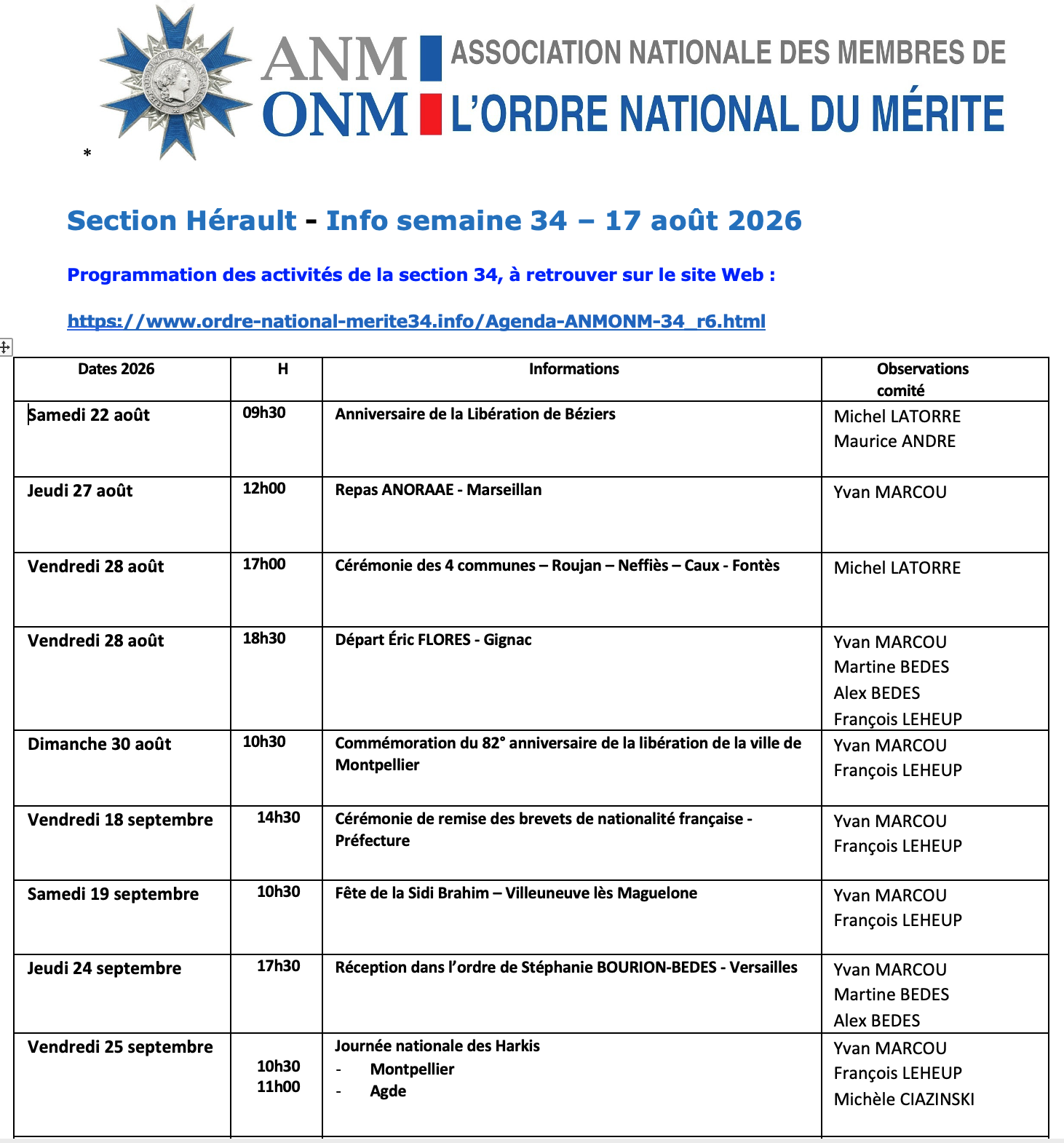 ANMONM 34 - info semaine 34 - 2026