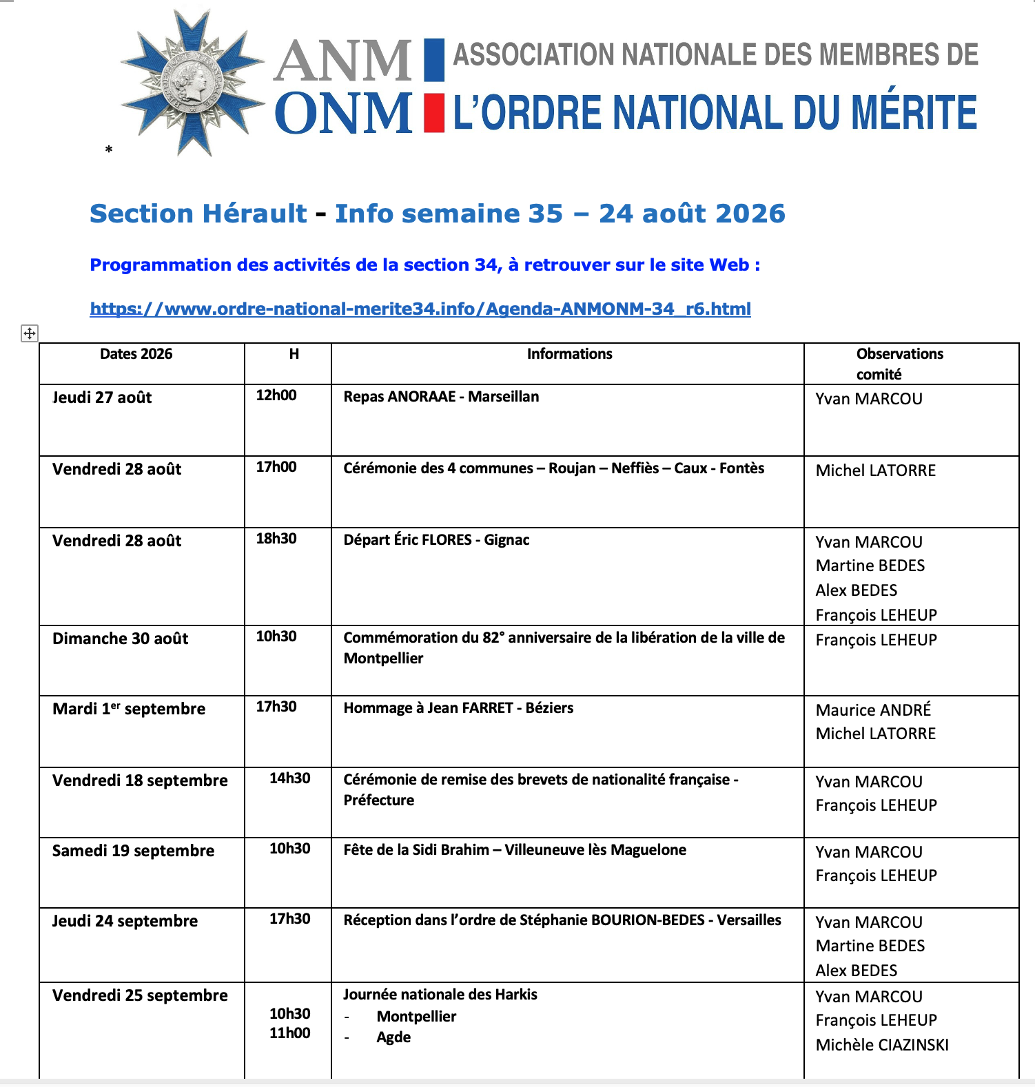 ANMONM 34 - info semaine 35 - 2026