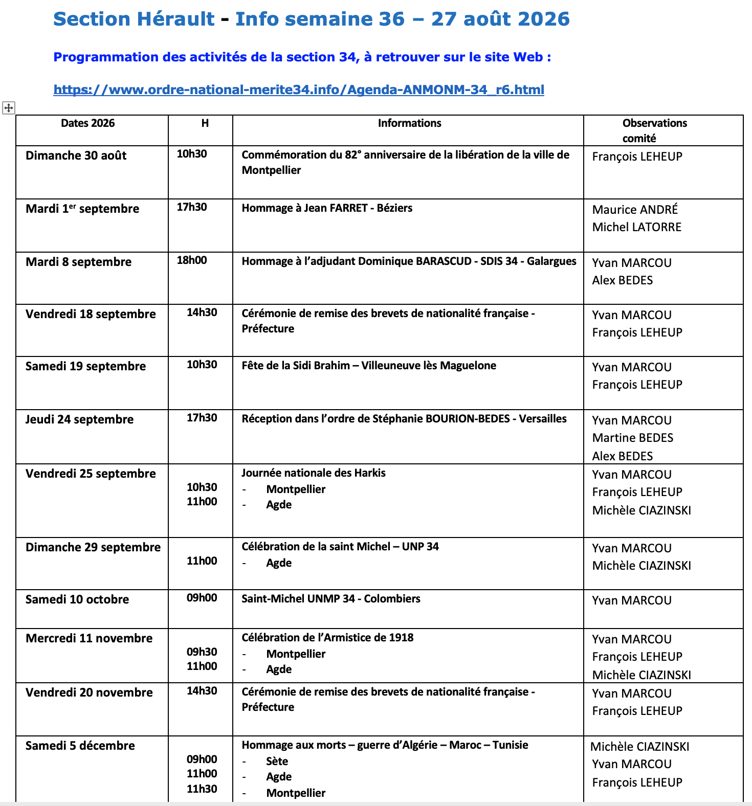 ANMONM 34 - Info semaine 36 - 2026