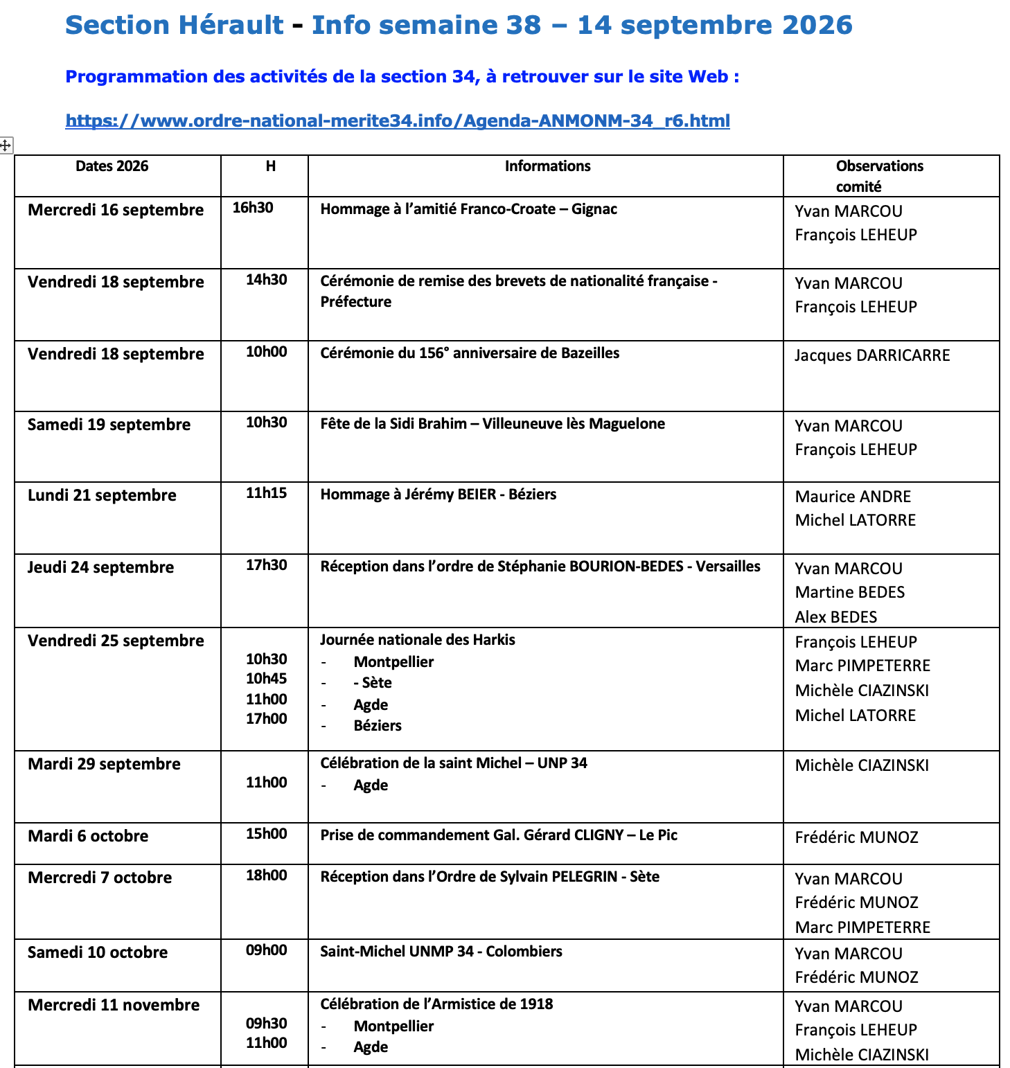 ANMONM 34 - info semaine 38 - 2026