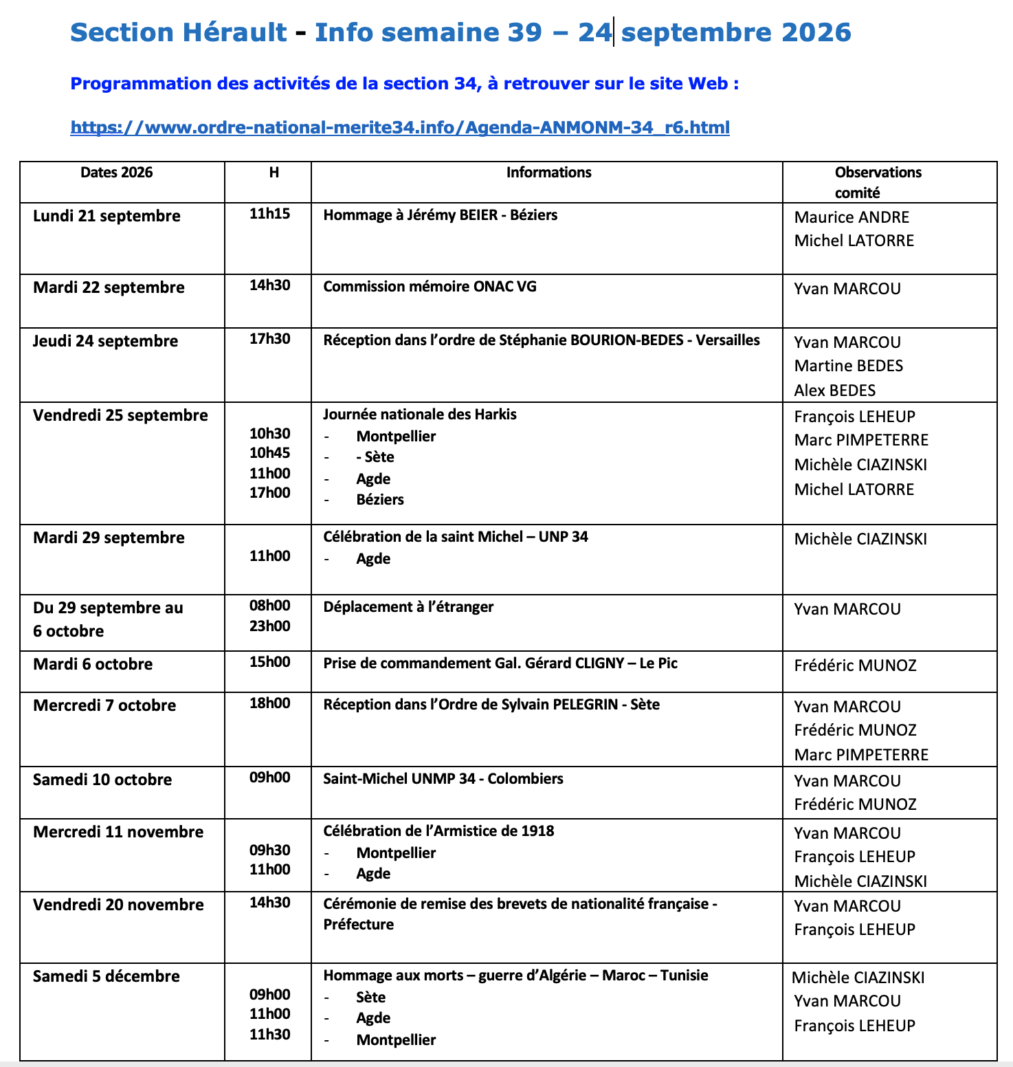 ANMONM 34 - info semaine 39 - 2026