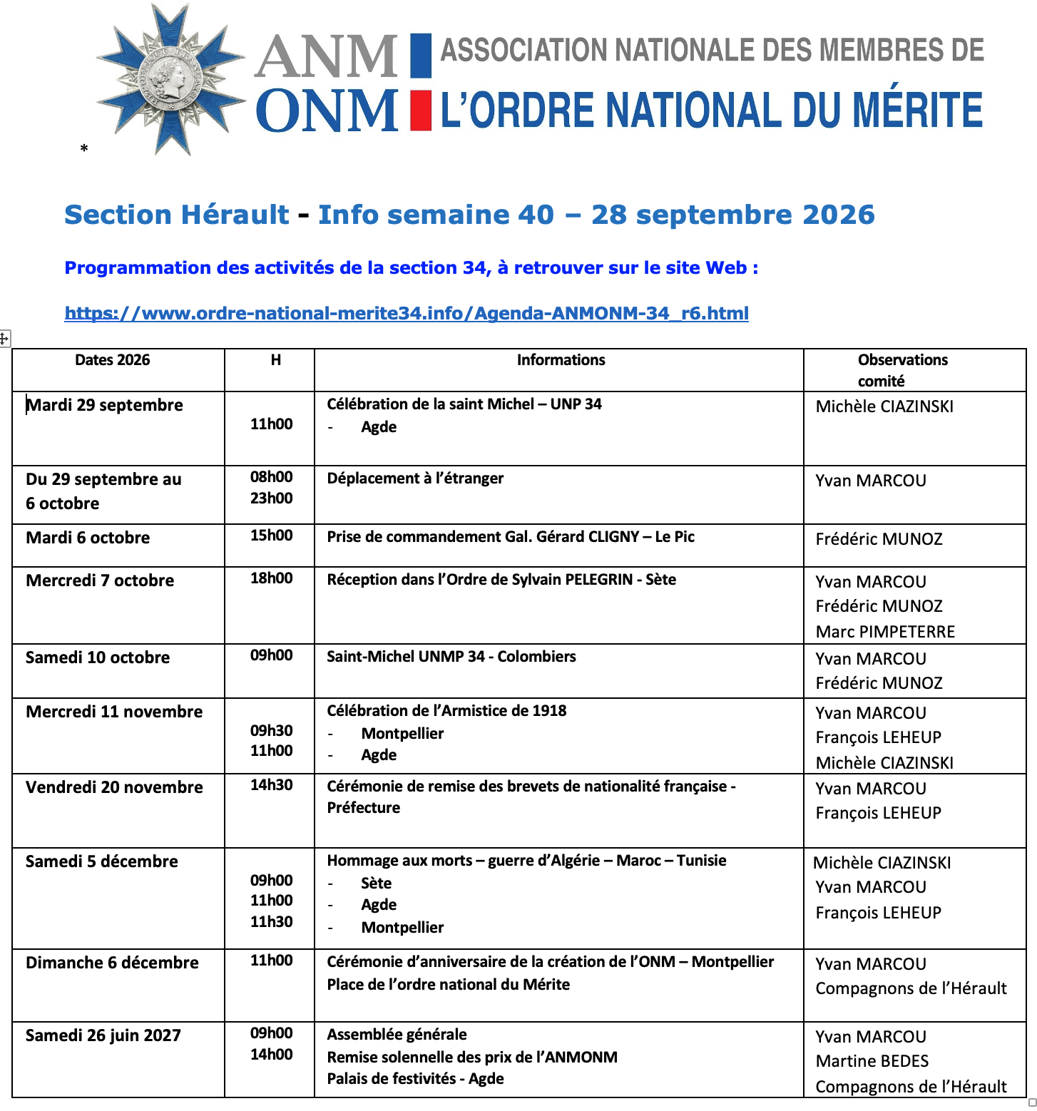ANMONM 34 - info semaine 40 - 2026
