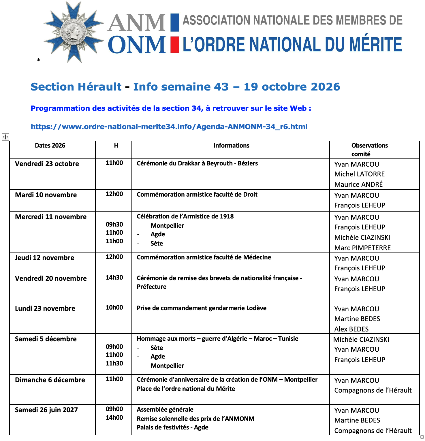 ANMONM 34 - info semaine 43 - 2026