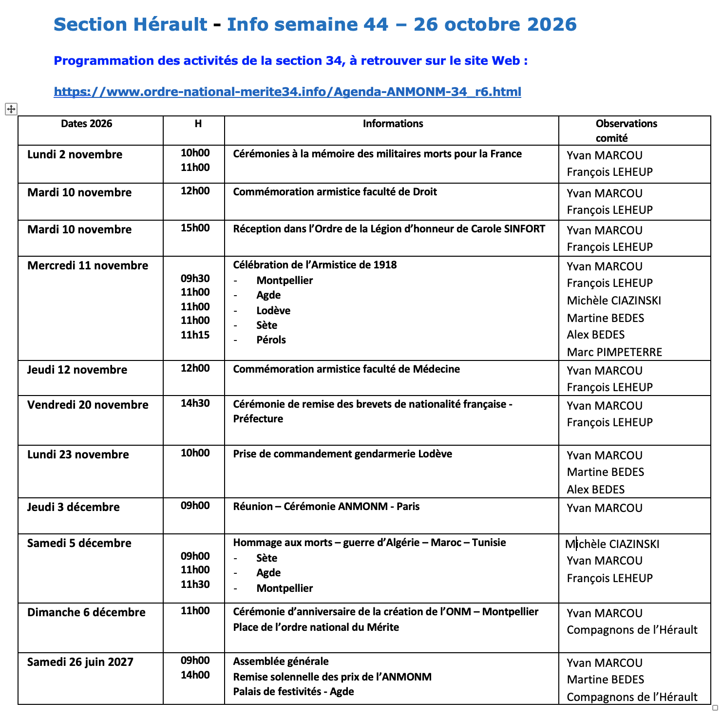 ANMONM 34 - Info semaine 44 - 2026